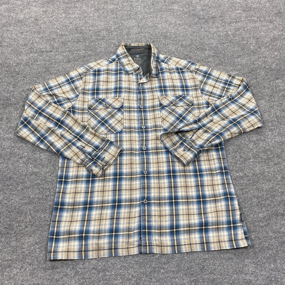 Kuhl Plaid Flannel Shirt Mens Medium Blue Tan Cotton Tencel Long Sleeve Outdoor